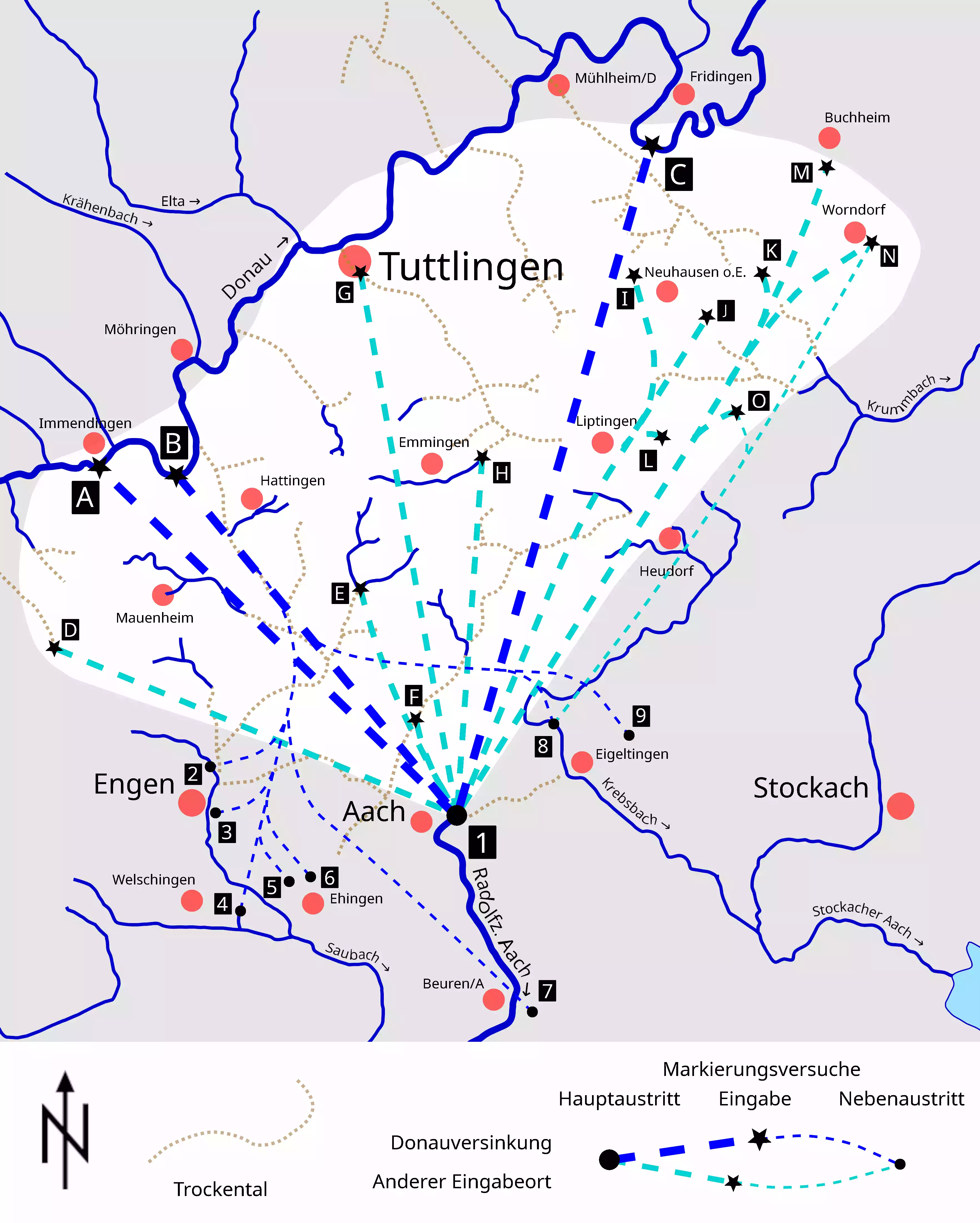 Karte der Markierungsversuche im Donau-Aach-System